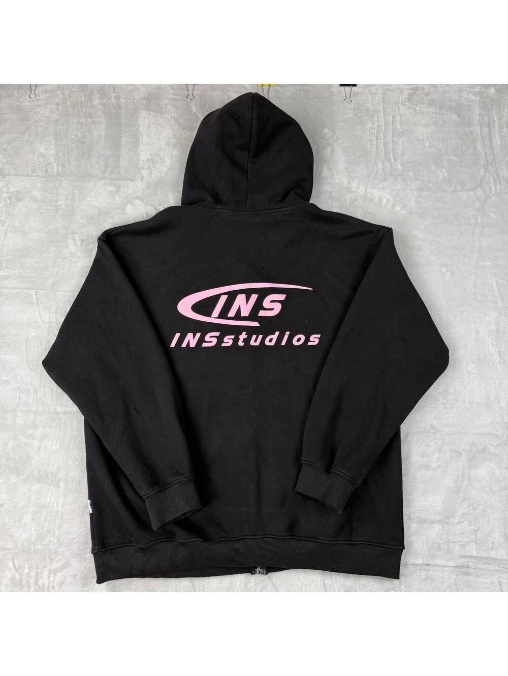 INS Studios Zip Hoodie Black Pink Logo Streetwear Oversized Size XL Relaxed Y2K
